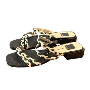 Dolce Vita Womens Haize Sandal Black Beige Natural Raffia Braided Slip On Size 9